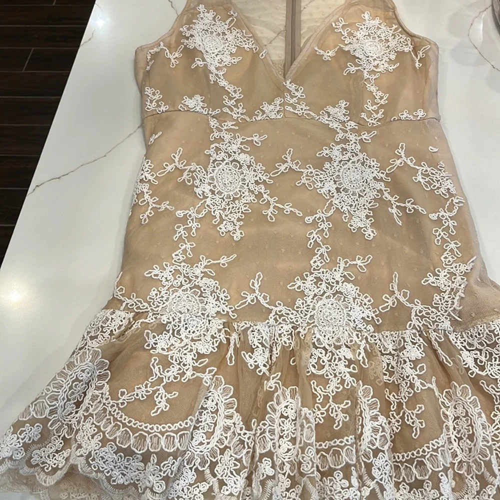 NBD stunning Beige with beautiful White Embroidery overlay dress. Sleeveless L - Picture 5 of 16